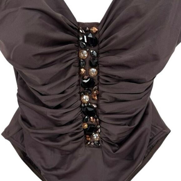 Miraclesuit Jewel Box One Piece Swimsuit Brown Ruched Gem Embellished Size 12 - Picture 7 of 9